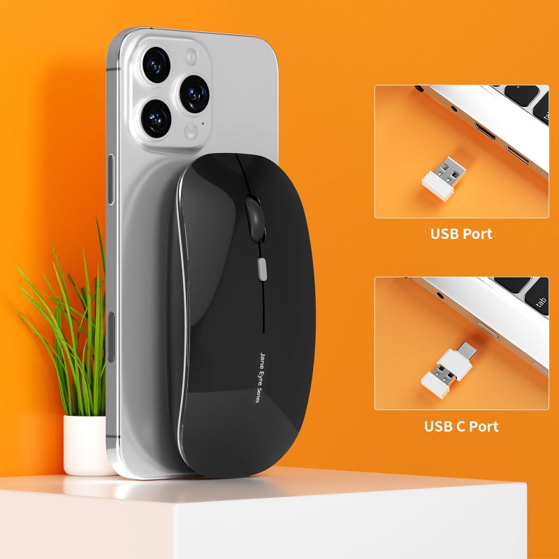Uciefy Q5 Slim Rechargeable Wireless Mouse, 2.4G Portable Optical Silent Ultra Thin Wireless Computer Mouse with USB Receiver and Type C Adapter, Compatible with PC, Laptop, Notebook, Desktop Black - Image 2
